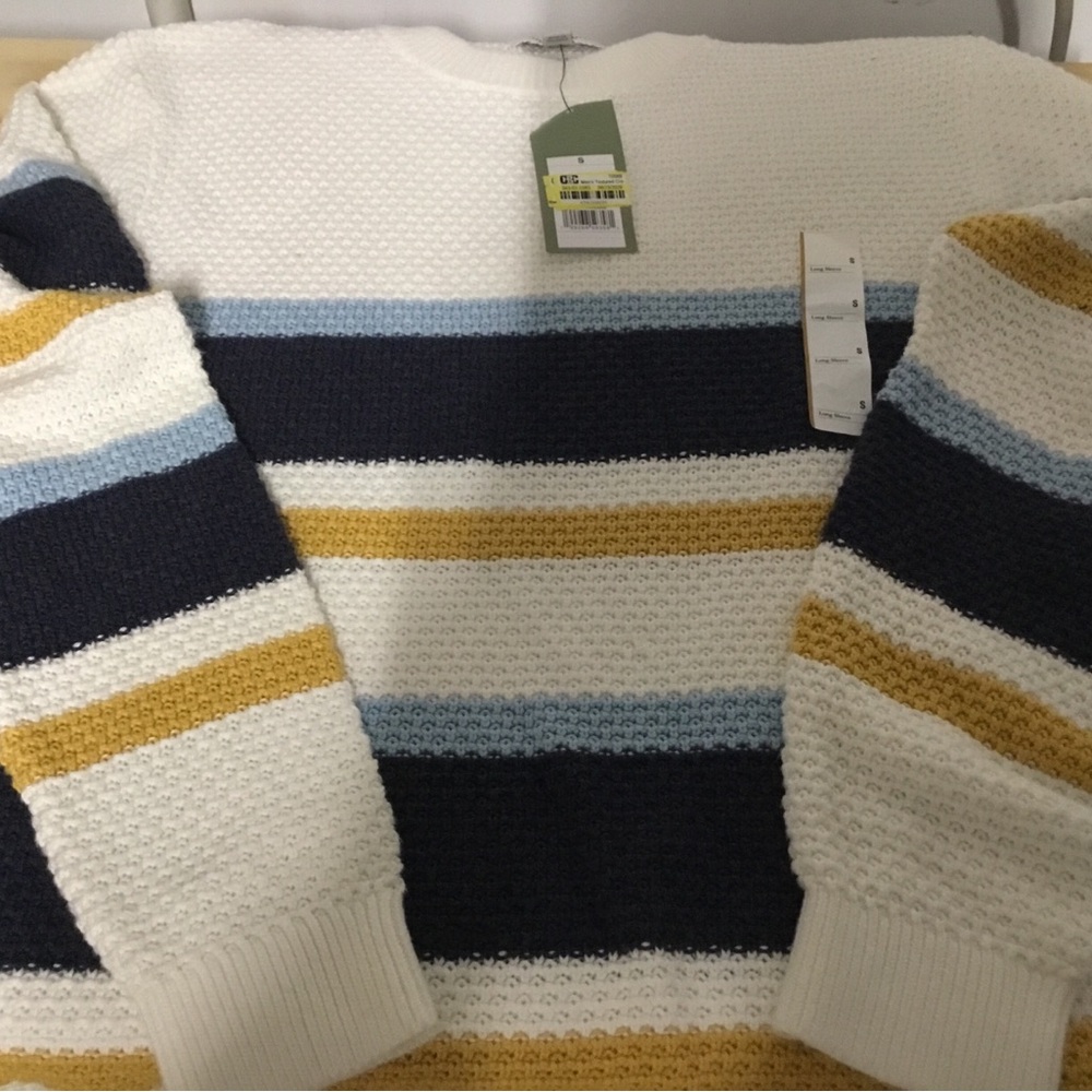 Goodfellow & Co Cream, Navy, Light Blue & Mustard Striped Crewneck Sweater